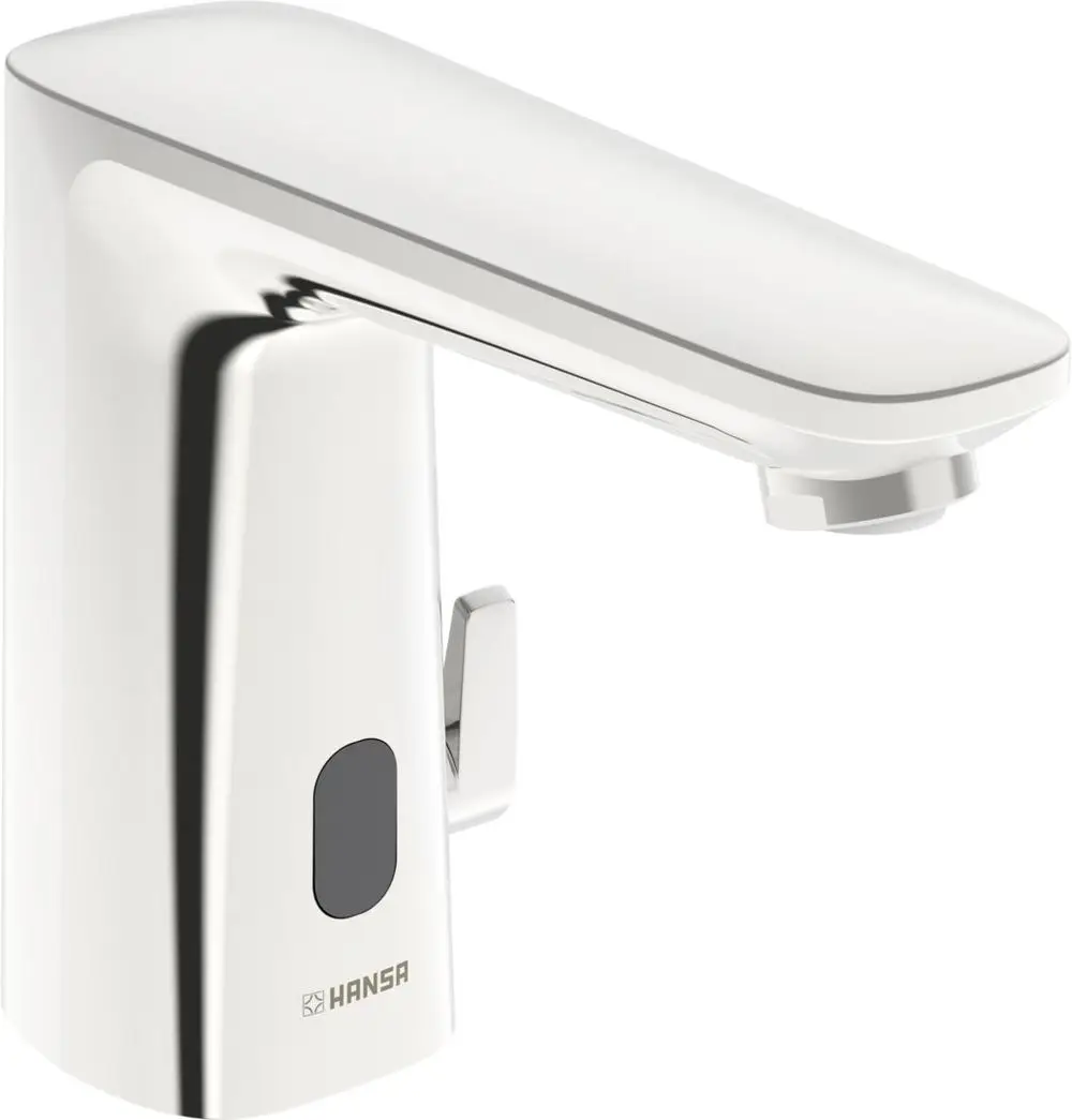 Waschtischarmatur in glänzendem Chromfinish, mit einem klaren, modernen Design. Ausgestattet mit einem Hebelmechanismus zur Steuerung des Wasserflusses. Marke: HANSA.